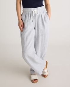 Looks like effortless style. Feels like pajamas. We love these wide-leg linen lounge pants from our best-selling European linen collection for casual work days, lazy weekends, and vacation vibes. Relaxed fit, elastic waistband, drawstring, and functional front pockets (obvi). Wide Leg Linen Pants Outfit, Linen Lounge Pants, Linen Pants Style, Long Linen Pants, Linen Lounge, Martini Olive, Linen Pants Outfit, Linen Wide Leg Pants, Linen Collection