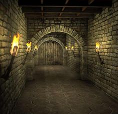 an image of a dark tunnel with torches coming from the entrance and light at the end