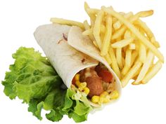 a healthy fast food menu with french fries and lettuce on the side,