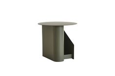 a round table with a metal base on the top and an open shelf below it