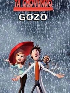 a man and woman holding an umbrella in the rain, with text that reads ta chovendo gozo