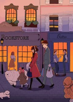 people walking down the street in front of bookstores at dusk, with dogs on leashes