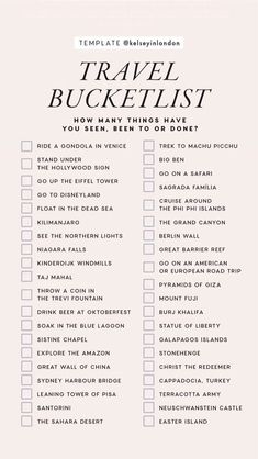 a travel checklist with the words travel bucket list on it in white and blue