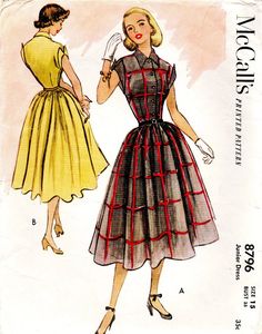 "Original vintage McCall's sewing pattern 8796. Button front bodice dress with very brief kimono sleeves finished with winged cuffs. Very full gathered skirt. Self-fabric belt. 10\" side zipper closing. Junior Size 15; Bust 33; Waist 27; Hip 36. Pattern is cut and complete. Envelope is in good condition. Copyright 1951. Stored and shipped in a clear, resealable, archival envelope and backing board. Reminders:  This is a manufactured, original pattern. Not a copy or PDF. This is a paper sewing pattern and not an actual garment." Vintage 1950s Dresses, Mccalls Dress, 1950s Dress Patterns, Mccalls Patterns Dress, Patron Vintage, Fashion Illustration Vintage, Vintage Dress Patterns, Shirtwaist Dress, Retro Mode