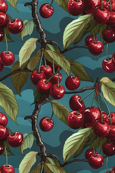 a painting of cherries on a branch with leaves and blue sky in the background