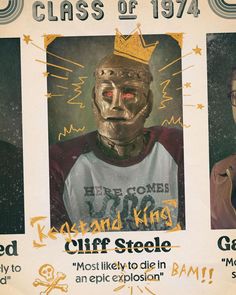 an old poster with two men wearing masks and the words class of 1974 on it