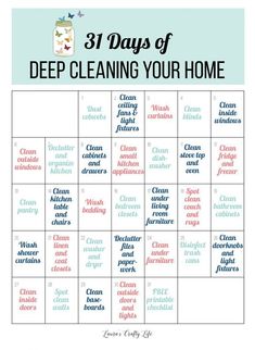 the 31 days of deep cleaning your home is shown in this printable calendar for kids