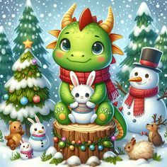 a cartoon christmas scene with a snowman, rabbit and green dragon sitting on a stump