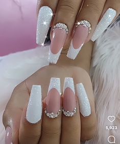 Wedding Nails For Bride White Tip, Bridesmaid Nails Black Women, Medium Length Wedding Nails, Bride Acrylic Nails, Fancy Wedding Nails, Luxury Nails Design Rhinestones, Nail Gem Designs Simple Rhinestones, White Acrylic Nails