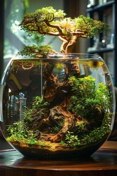 a bonsai tree in a fish bowl on a table