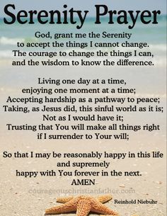 a starfish laying on top of a sandy beach with the words serenity prayer