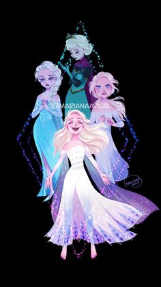 some frozen princesses are standing together in the dark