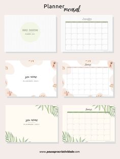 the free printable planner is shown in four different colors and sizes, including green leaves
