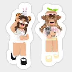 two stickers depicting the same girl holding a cat and bunny in her arms, both with