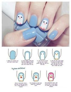 Penguin Nail Art, Penguin Nails, Bunny Nails, Makeup Nails Art, Winter Nail Art, Cat Kuku, Manicure Y Pedicure, Cute Nail Art, Cute Nail Designs