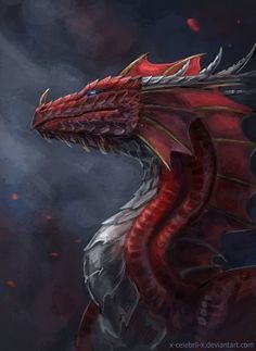 a red dragon with black wings on it's head is shown in the dark