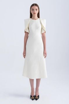 Adelaide Mermaid Round Neck Polycotton Midi Dress | MEAN BLVD Chic Outfits, Sophisticated Wardrobe, Mean Blvd, Drape Sleeves, Uniform Fashion, Mermaid Silhouette, Dress Backs, Online Fashion, Timeless Elegance