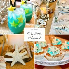 the little mermaid party is set up with cupcakes, cookies and drink glasses