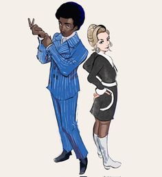 a drawing of two people dressed in blue and black, one is pointing at the other