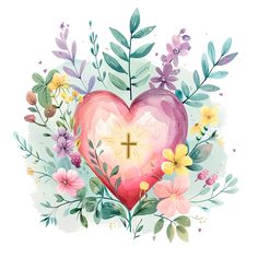 a watercolor painting of a heart with flowers and a cross on it's side