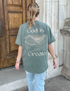 “Great is the LORD and most worthy of praise; his greatness no one can fathom." -Psalm 145:3   Size:  Model is 5'10" and wearing a size Small.   Fit:  Oversized, Unisex Fit Color: Moss Composition:  100% Cotton Features:   Garment Dyed, Super Soft, Pre-Shrunk Church Camp Tee Shirts, Cute Christian Tshirt Designs, Cute Trendy T Shirts, Mission Trip Shirts Design Graphic Tees, Bible T Shirts, Christian Oversized Tee, Oversized Christian Shirts, Worship Shirt Ideas, Senior Year Clothes