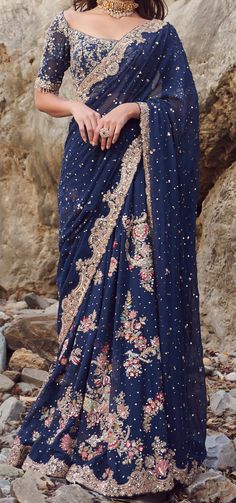 Chiffon Sari Resham and Zardozi Embroidery Chantilly Choli Navy Saree, Dolly J, Zardozi Embroidery, Desi Dresses, Pink Tulip, Indian Dresses Traditional, Traditional Indian Outfits, Desi Clothes, Blue Saree