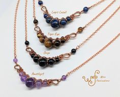 three different types of necklaces on a white surface with the names and description below them