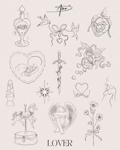 an image of tattoos on paper with the words lover written in black and white ink