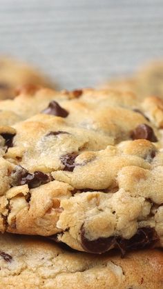 chocolate chip cookies stacked on top of each other