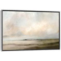 an abstract painting with white and grey colors on the wall, framed in black frame