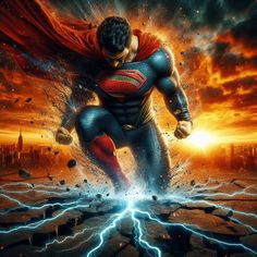 a man in a superman suit with lightning coming out of his chest and hands behind him