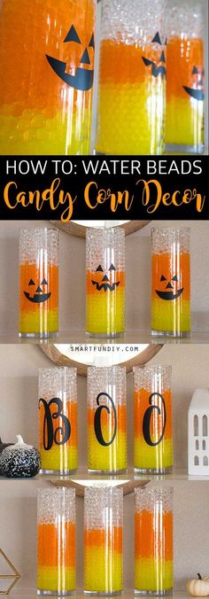 halloween decorations are displayed in mason jars with the words how to water beads candy corn decals