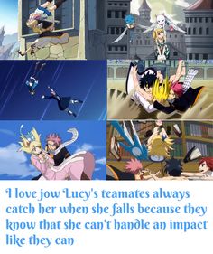 some anime characters in different scenes with caption that reads, i love jojo's teammates always catch her when she falls because they know how she cant handle an impact