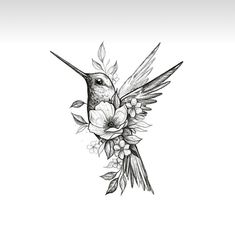 a black and white drawing of a hummingbird with flowers