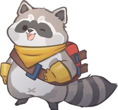 a raccoon with a yellow scarf and backpack