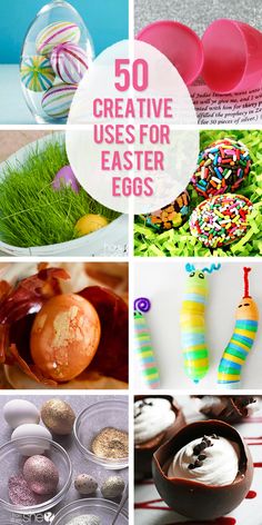 some easter eggs are on display with the words 50 creative uses for easter eggs