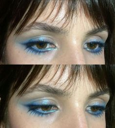 Interesting Eyeshadow Looks, Luz Noceda Haircut Real Life, Blue Makeup Inspiration, Colorful Makeup Simple, 90s Makeup Inspiration, Makeup Looks Creative Cool, Powder Blue Eye Makeup, Donni Davy Makeup, Mamma Mia Inspired Makeup