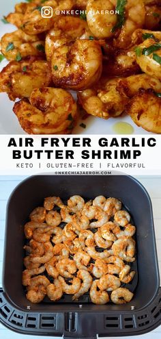 grilled shrimp is served in a frying pan and on the side, with text overlay that reads air fryer garlic butter shrimp