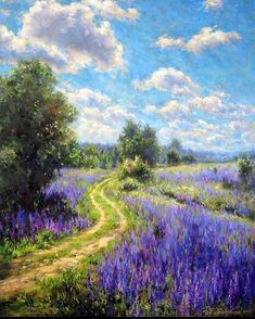 Modern Paintings, Lavender Field, Landscape Art Painting, Nature Art Painting, Peaceful Places, Landscape Drawings, Painting Art Projects, Pastel Art, Oil Painting Landscape