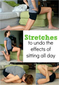 an image of a woman doing stretching exercises on her stomach and knees with the caption stretches to undo the effects of sitting all day