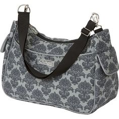 a gray and black floral purse on a white background