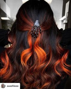 Orange Hair Highlights, Undercut Styles For Women, Brown Hair With Orange Highlights, Multi Color Hair Ideas, Chunk Highlights, Halloween Hairstyles, Sunset Hair, Fire Hair, Fall Hair Color Trends