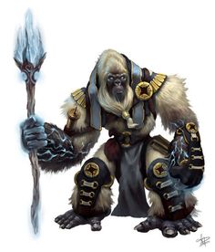 an image of a big furry creature holding a stick and wearing armor with two hands