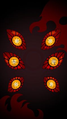 four stained glass windows in the shape of leaves on a black background with red and yellow colors