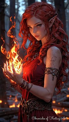 Ginger Female Character Art, Black Dragon Human Form, Female Gnome Dnd, Red Hair Elf Female, Sun Elf Dnd, Elf Red Hair, Female Elf Art, Fire Sorceress, Fire Abilities