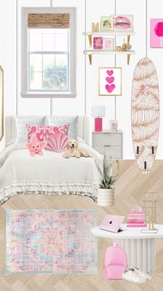 a bedroom with white walls and pink accents