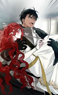 two anime characters one with red hair and the other black