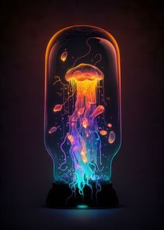 an illuminated jellyfish in a glass case with water droplets on it's bottom