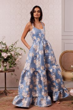 The Avery Dress in Dusk Blue Baroque Floral Baroque Floral, Dusk Blue, Dress Code Wedding, Floral Dress Formal, Floral Bridesmaid, Maid Of Honour Dresses, Guest Attire, Floral Gown, Wedding Attire Guest