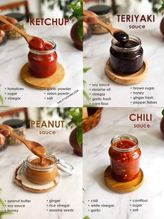 four pictures showing how to make homemade ketchup sauces in jars and spoons